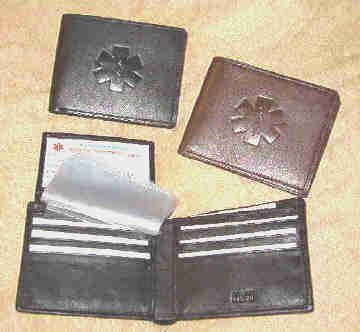 Bi-fold leather wallet with flip up ID and natural debossed Medical symbol